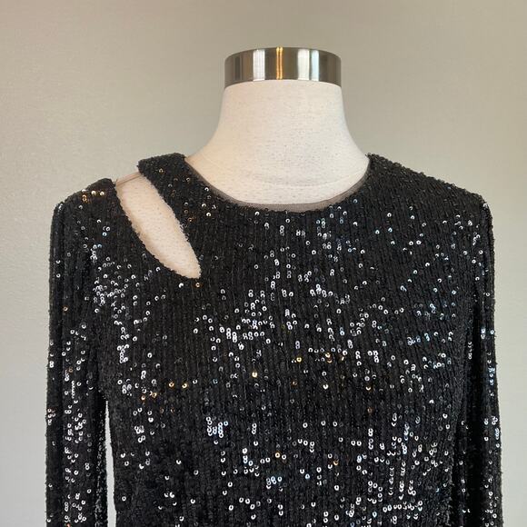 XSCAPE Sequined Long Sleeve Cut Out Mini Sheath Cocktail Dress Black Size 6 - Picture 6 of 10